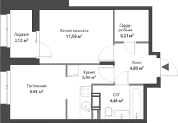 Планировка — ВЕРЕН НОРТ Cертолово, 2-комн., 38 м²