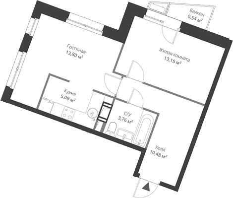 Планировка — ВЕРЕН НОРТ Cертолово, 2-комн., 46 м²