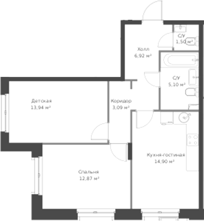 Планировка — ВЕРЕН НОРТ Cертолово, 3-комн., 58 м²