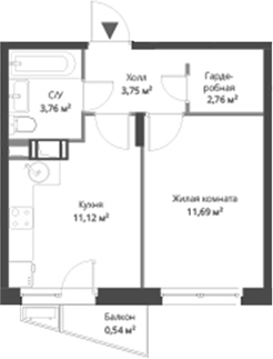 Планировка — ВЕРЕН НОРТ Cертолово, 1-комн., 33 м²