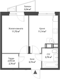 Планировка — ВЕРЕН НОРТ Cертолово, 1-комн., 33 м²