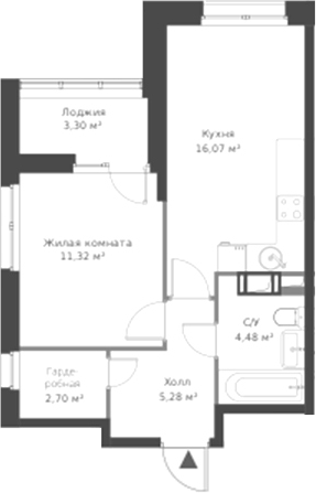 Планировка — ВЕРЕН НОРТ Cертолово, 2-комн., 40 м²