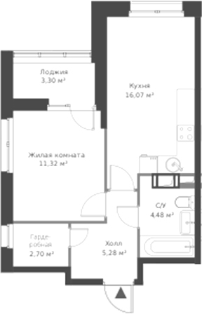 Планировка — ВЕРЕН НОРТ Cертолово, 2-комн., 40 м²