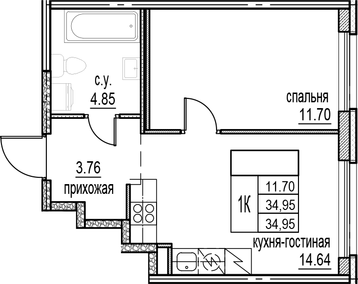 Планировка — ID Murino III, 2-комн., 35 м²