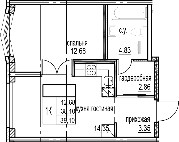 Планировка — ID Murino III, 2-комн., 38 м²