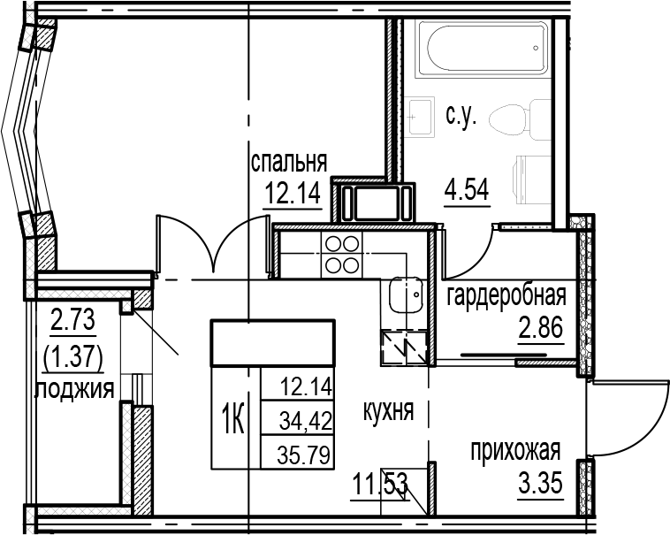 Планировка — ID Murino III, 1-комн., 34 м²