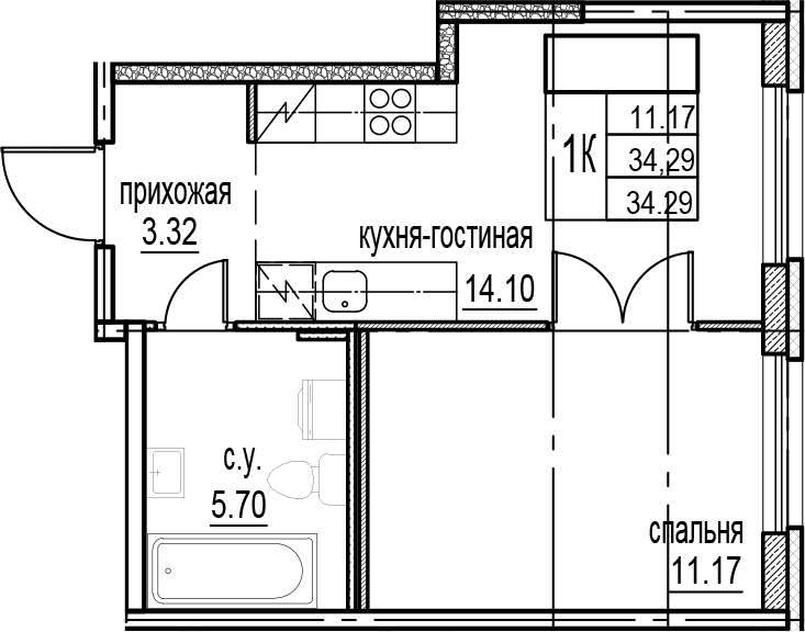 Планировка — ID Murino III, 2-комн., 34 м²