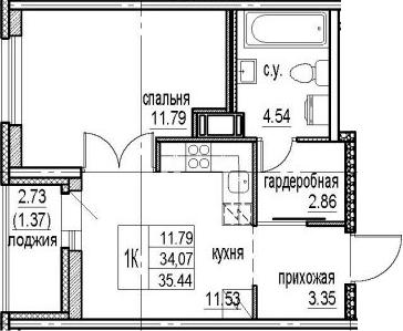 Планировка — ID Murino III, 1-комн., 34 м²