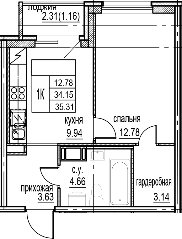 Планировка — ID Murino III, 1-комн., 34 м²