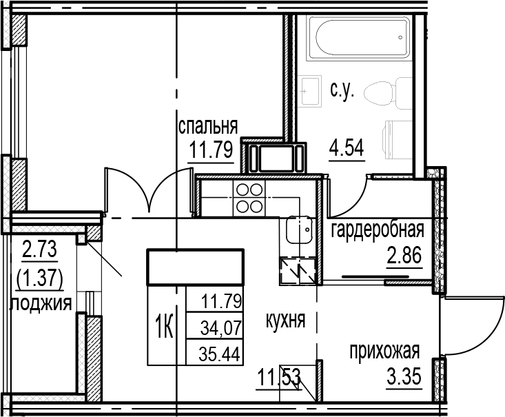 Планировка — ID Murino III, 1-комн., 34 м²