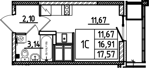 Планировка — Южный Форт, Студия, 17 м²