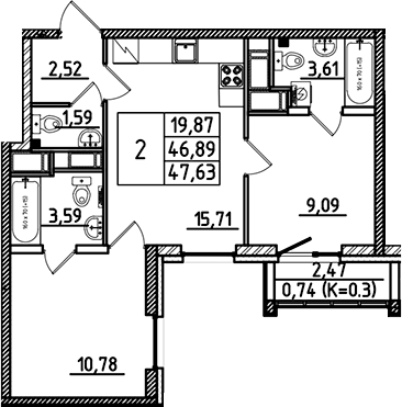 Планировка — Южный Форт, 3-комн., 47 м²