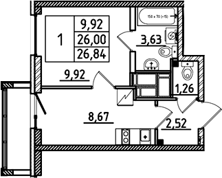 Планировка — Южный Форт, 1-комн., 26 м²