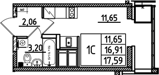 Планировка — Южный Форт, Студия, 17 м²