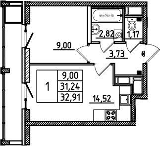 Планировка — Южный Форт, 1-комн., 31 м²