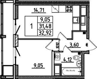 Планировка — Южный Форт, 1-комн., 31 м²