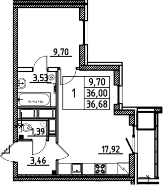 Планировка — Южный Форт, 2-комн., 36 м²