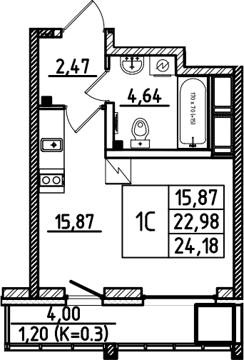 Планировка — Южный Форт, Студия, 23 м²