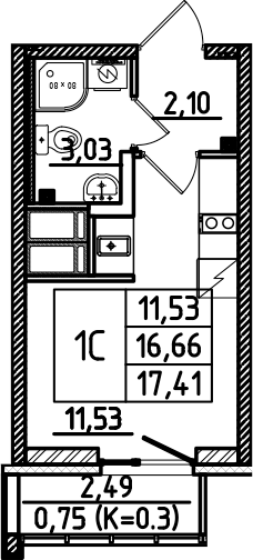 Планировка — Южный Форт, Студия, 17 м²
