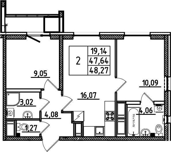 Планировка — Южный Форт, 3-комн., 48 м²