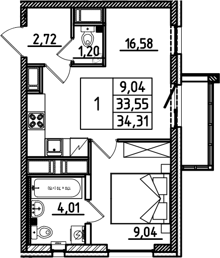 Планировка — Южный Форт, 2-комн., 34 м²