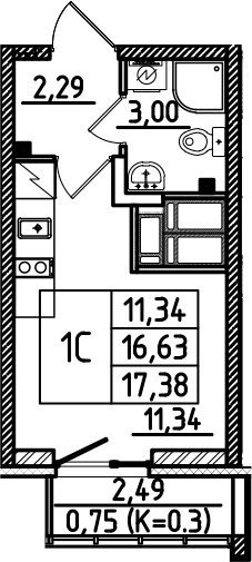 Планировка — Южный Форт, Студия, 17 м²