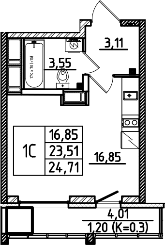 Планировка — Южный Форт, Студия, 24 м²