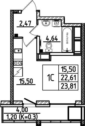 Планировка — Южный Форт, Студия, 23 м²