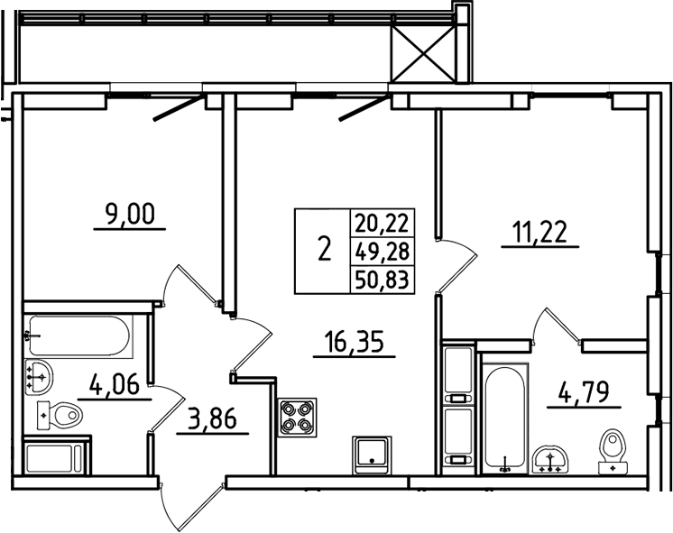 Планировка — Южный Форт, 3-комн., 49 м²
