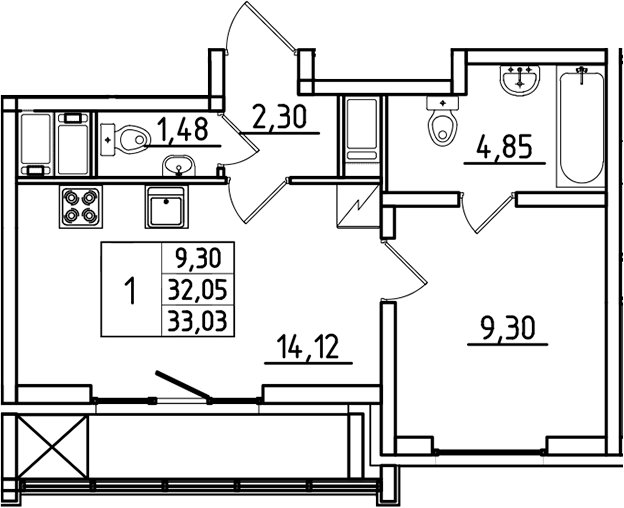 Планировка — Южный Форт, 1-комн., 32 м²