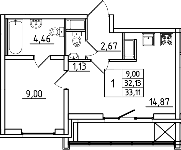 Планировка — Южный Форт, 1-комн., 32 м²