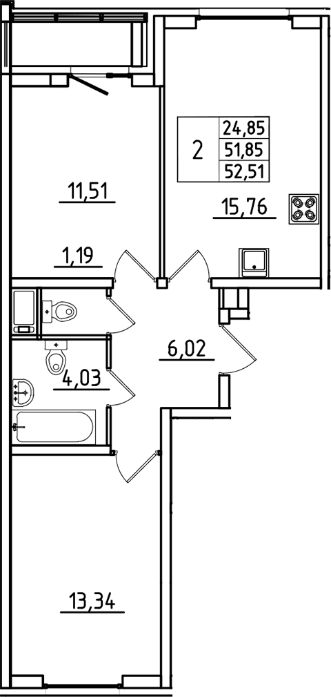 Планировка — Южный Форт, 3-комн., 52 м²