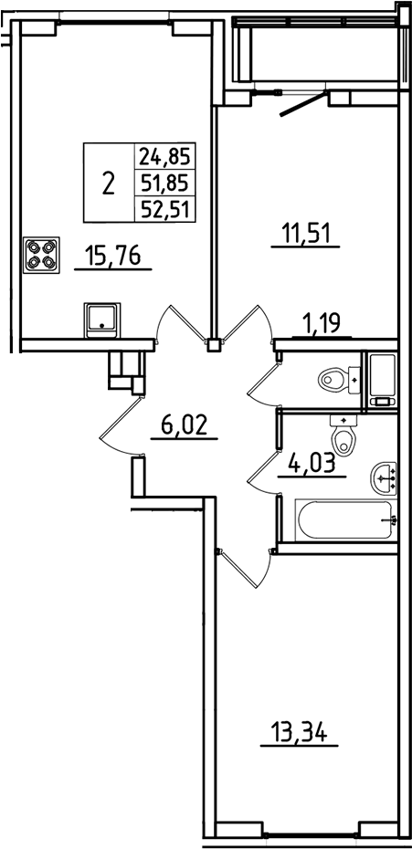 Планировка — Южный Форт, 3-комн., 52 м²