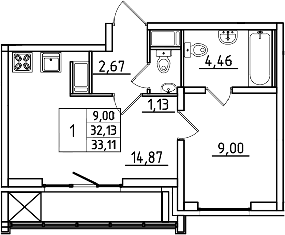 Планировка — Южный Форт, 1-комн., 32 м²