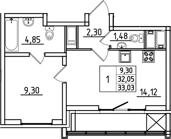 Планировка — Южный Форт, 1-комн., 32 м²