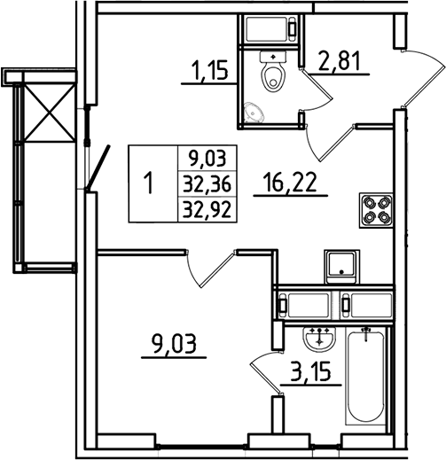 Планировка — Южный Форт, 2-комн., 32 м²