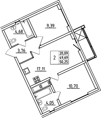 Планировка — Южный Форт, 3-комн., 50 м²