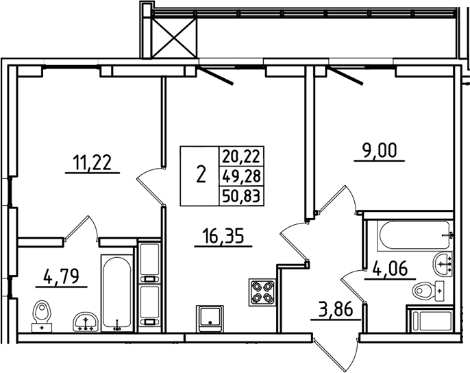 Планировка — Южный Форт, 3-комн., 49 м²
