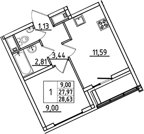Планировка — Южный Форт, 1-комн., 28 м²