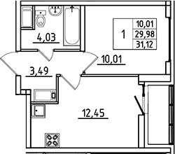 Планировка — Южный Форт, 1-комн., 30 м²