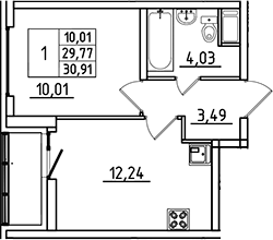 Планировка — Южный Форт, 1-комн., 30 м²