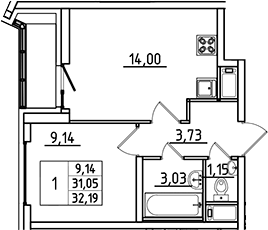 Планировка — Южный Форт, 1-комн., 31 м²