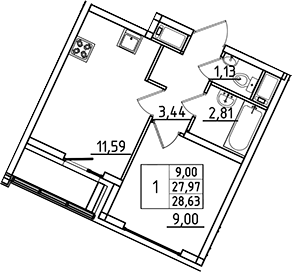 Планировка — Южный Форт, 1-комн., 28 м²