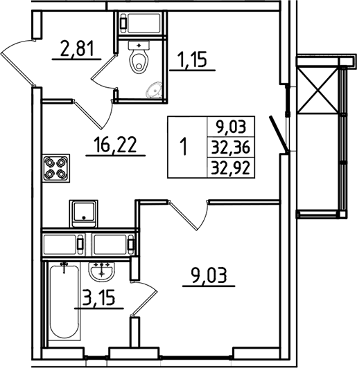 Планировка — Южный Форт, 2-комн., 32 м²