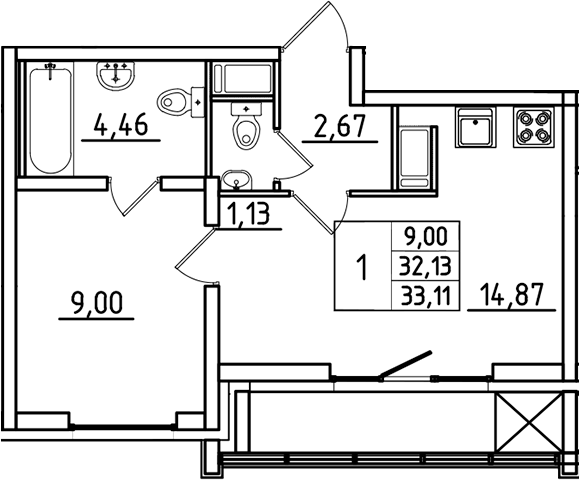 Планировка — Южный Форт, 1-комн., 32 м²