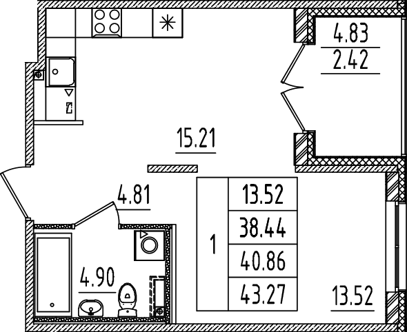 Планировка — Образцовый квартал, 2-комн., 38 м²