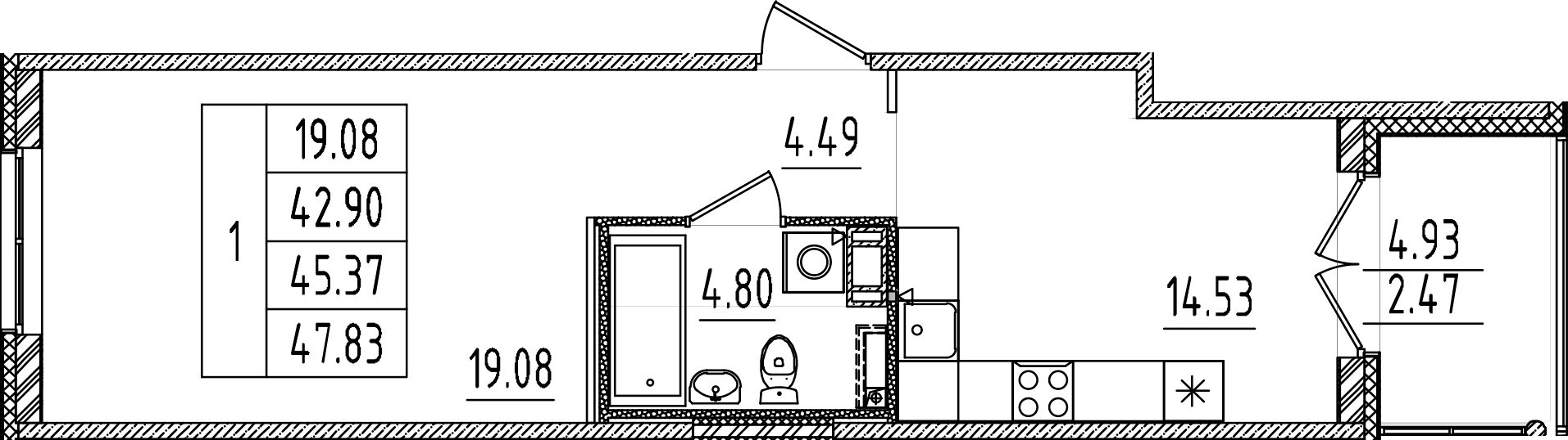 Планировка — Образцовый квартал, 1-комн., 43 м²