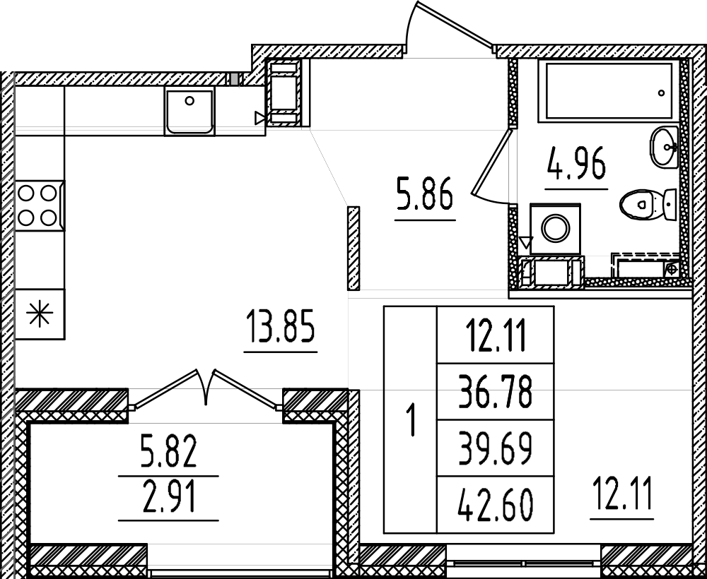 Планировка — Образцовый квартал, 1-комн., 37 м²