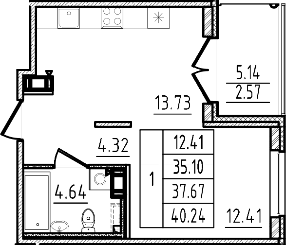 Планировка — Образцовый квартал, 1-комн., 35 м²