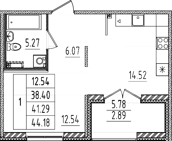 Планировка — Образцовый квартал, 1-комн., 38 м²